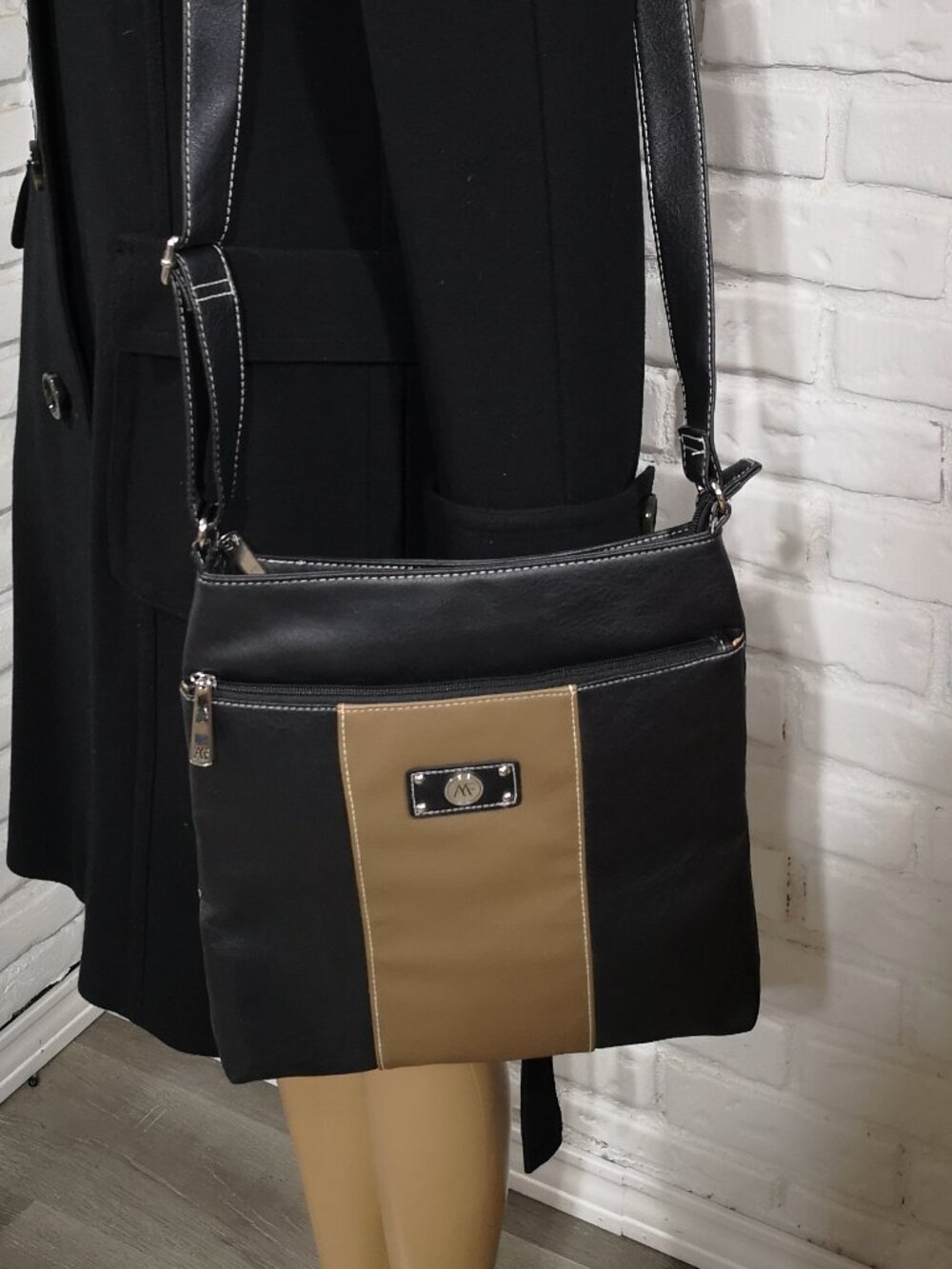 Anna Martina Franco Faux Leather Ladies Black with Tan Large Crossbody Bag